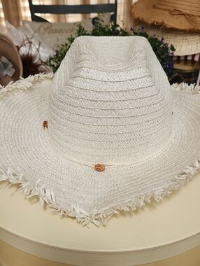 Source Unknown White Straw Sun Hat with Raffia Trim